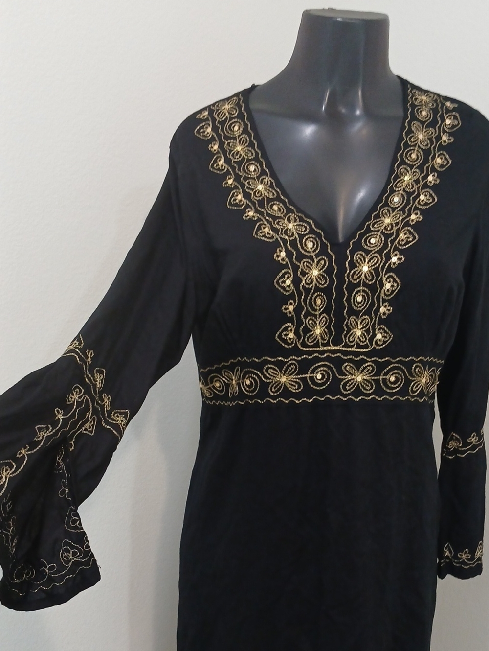Black Long Sleeve Dress with Gold Embroidery